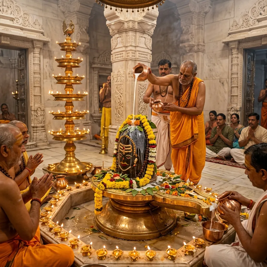 Hindu temple priests performing Shravan Somvar Maha Rudrabhishek puja offering holy water and leaves to Shiva Lingam